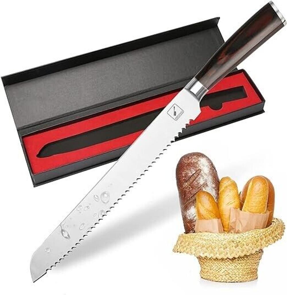 Imarku 10 Inch Stainless Steel Serrated Blade Bread Knife, Silver / Brown Handle